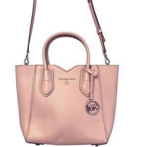 Michael Kors Mercer Medium Accordion Satchel Pink Pebbled Leather MK Charm